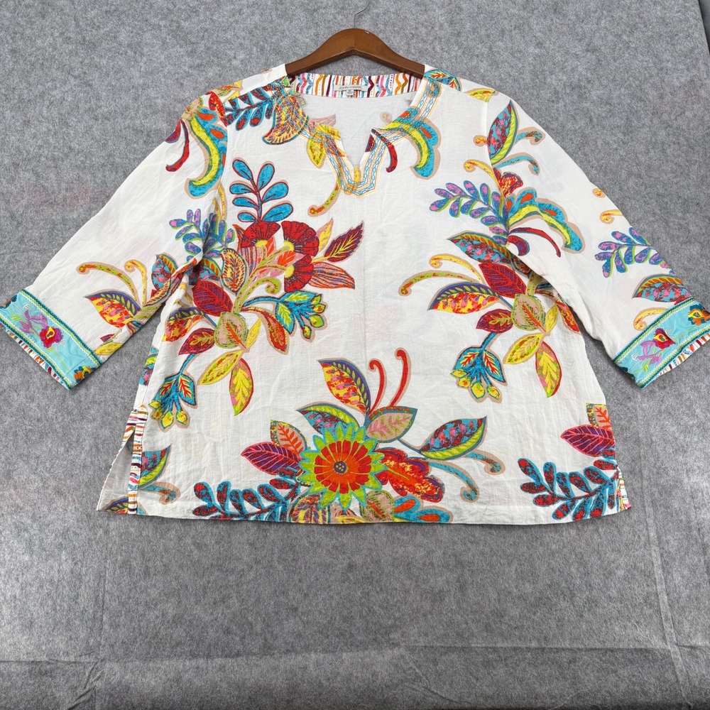 John Mark Womens XL Floral Embroidered V-Neck Tunic Top 3/4 Sleeve White Multi